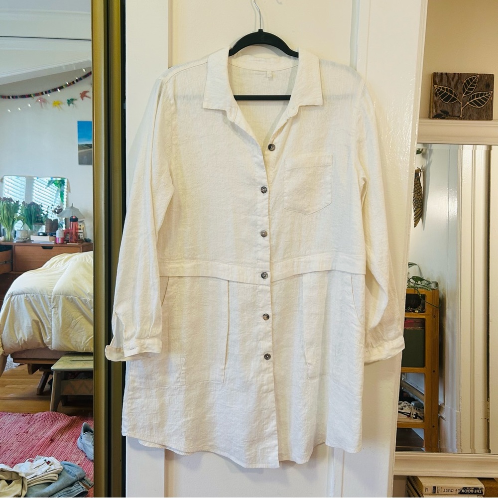 Silk/linen blend long sleeve button down dress